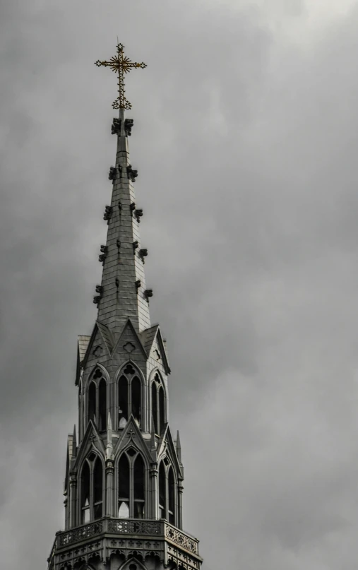 a black and white photo of a church steeple, unsplash, gothic art, overcast gray skies, brussels, high resolution photo, spiky