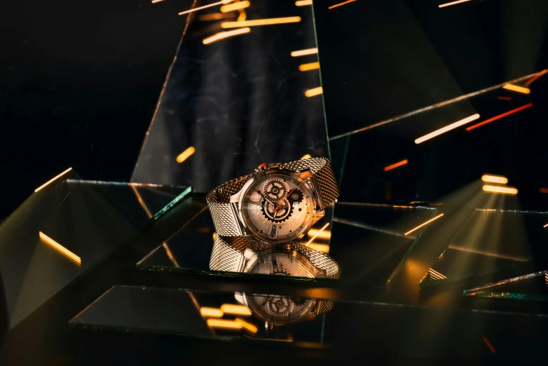 a watch sitting on top of a glass table, a hologram, pexels contest winner, kinetic art, gold fractal details, crosshatch, accented in bright metallic gold, thumbnail