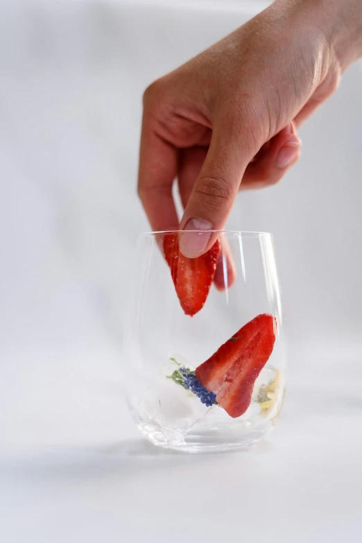 a person placing strawberries in a glass of water, inspired by André François, edible flowers, glossy finish, made of lab tissue, seafood in preserved in ice