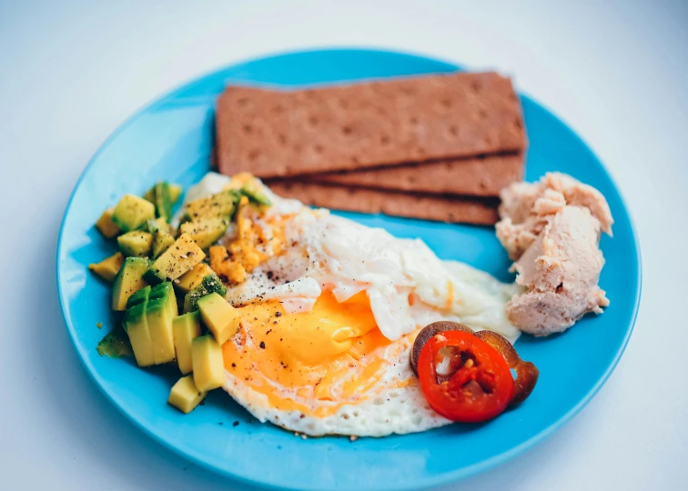 a blue plate topped with a fried egg next to crackers, by Carey Morris, pexels contest winner, bauhaus, avocado, breakfast buffet, brown bread with sliced salo, kids