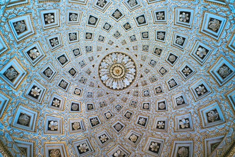 a close up of a ceiling in a building, a mosaic, by Jon Coffelt, flickr, baroque, geometric golden ratio details, symmetrical crown, very detailed”