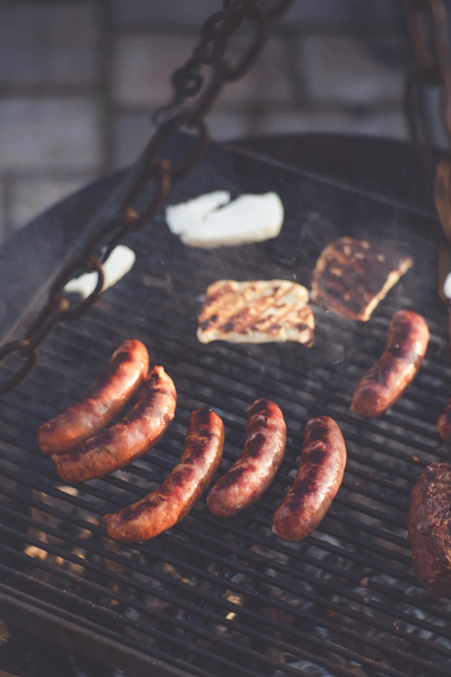 sausages and hamburgers are cooking on a grill, a portrait, pexels contest winner, renaissance, “ iron bark, blue, 6 pack, low detail