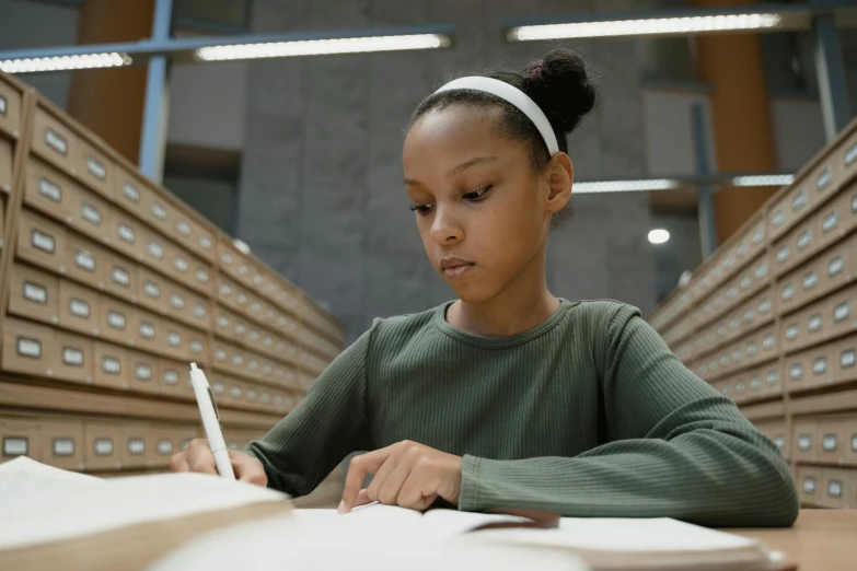 a girl sitting at a table with a pen and paper, by Carey Morris, pexels contest winner, academic art, infinite library, brown skinned, evenly lit, gif