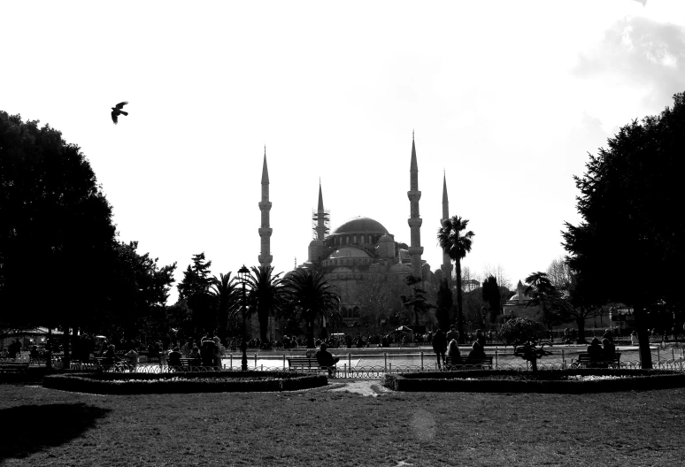 a black and white photo of a large building, a black and white photo, by Niyazi Selimoglu, flickr, hurufiyya, parks and monuments, blue, mosque, taken in the 2000s