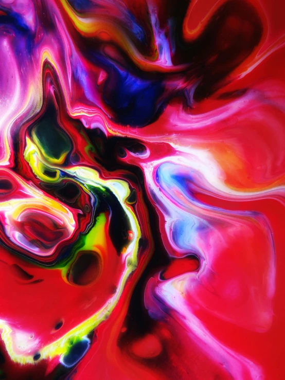 a colorful abstract painting on a red background, rainbow liquids, photograph taken in 2 0 2 0, digital art - n 9