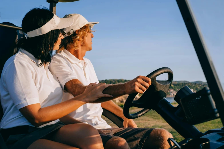 a man and a woman sitting in a golf cart, pexels contest winner, sydney park, wearing golf shorts, over the horizon, avatar image