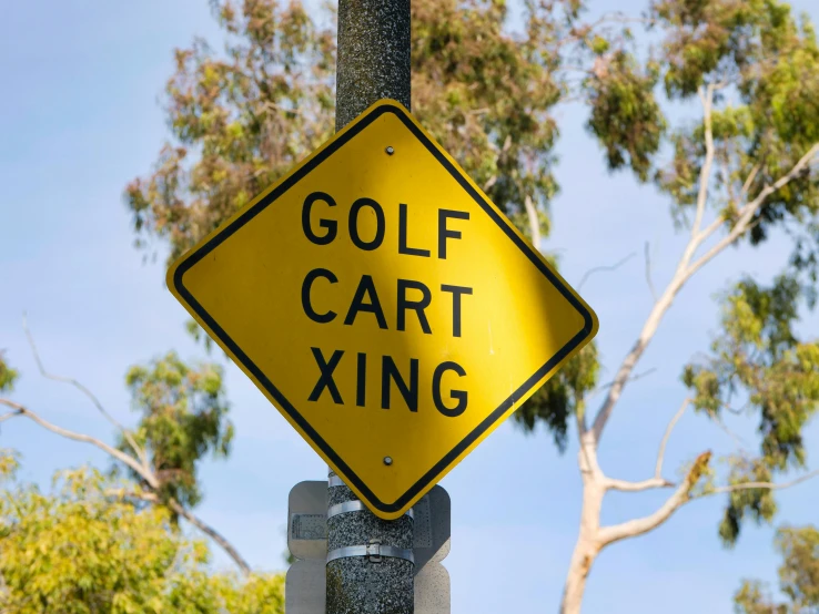 a yellow golf cart xiing sign on a pole, by Michael Goldberg, trending on pexels, happening, square, australian, very excited, cross contour