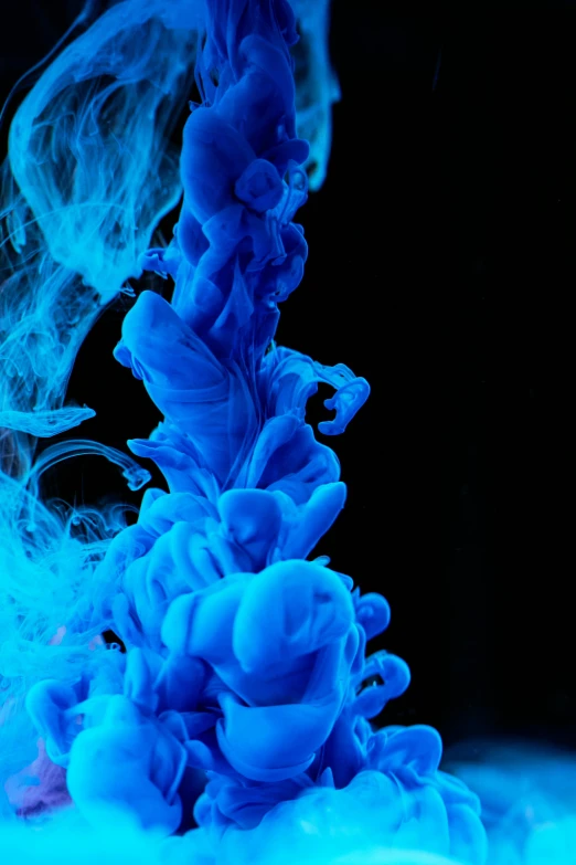 a close up of a blue substance in water, inspired by Kim Keever, pexels contest winner, vibrant high contrast coloring, black light, having a good time, ink flourishes