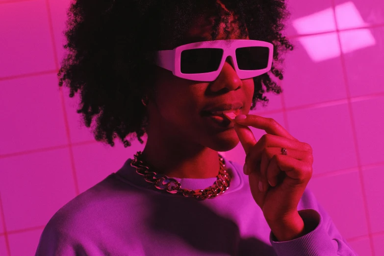 a woman in sunglasses brushing her teeth with a toothbrush, inspired by Elsa Bleda, trending on pexels, afrofuturism, purple neon, vhs style, taking a smoke break, magenta