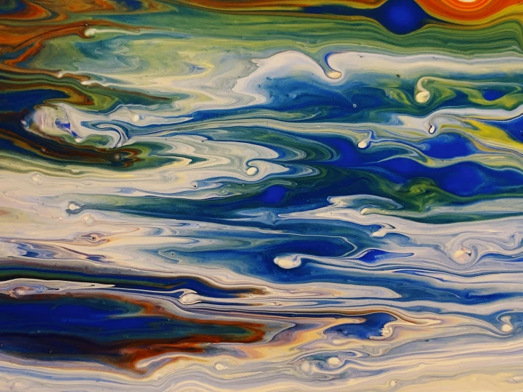 a painting of a sunset over a body of water, an abstract painting, inspired by Jan Rustem, swirling liquids, in a style blend of botticelli, abstract photography, multicoloured