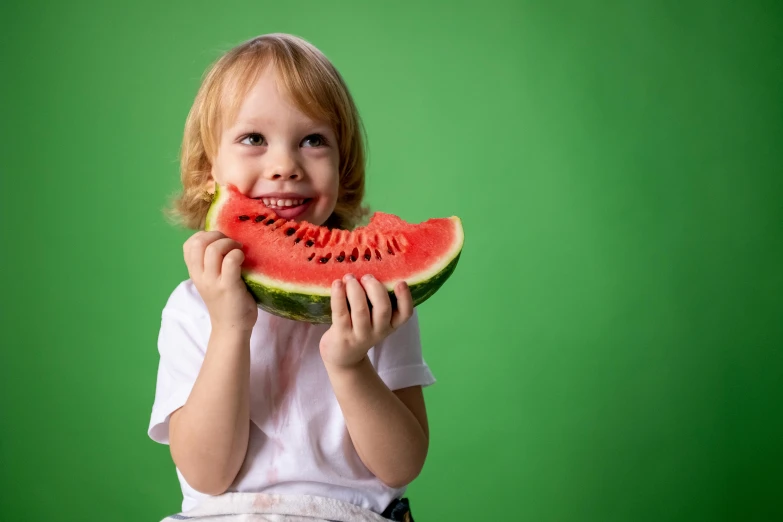 a little girl eating a slice of watermelon, an album cover, by Adam Marczyński, pixabay, avatar image, grinning lasciviously, 4yr old, handsome girl