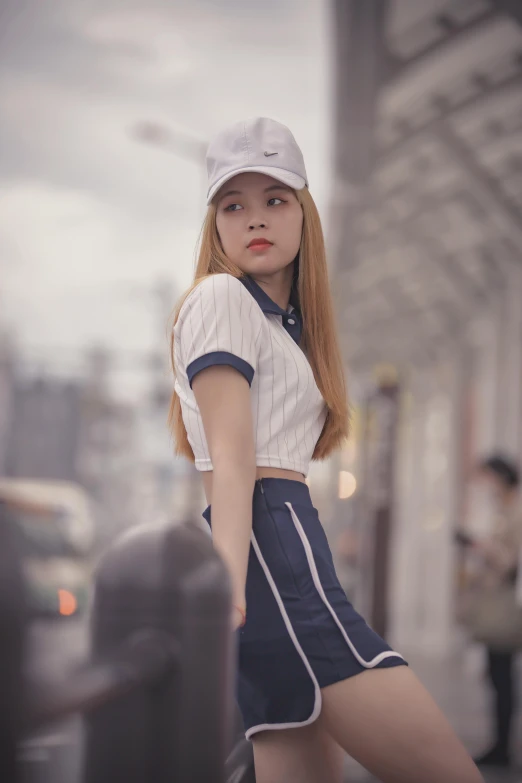 a woman in a short skirt posing for a picture, an album cover, inspired by Kim Jeong-hui, unsplash, realism, wearing baseball cap, 🤤 girl portrait, 5 0 0 px models, ulzzang
