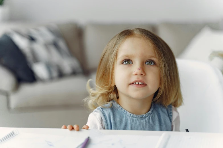 a little girl that is sitting at a table, pexels contest winner, looking to the right, well - drawn, high quality photo, thumbnail