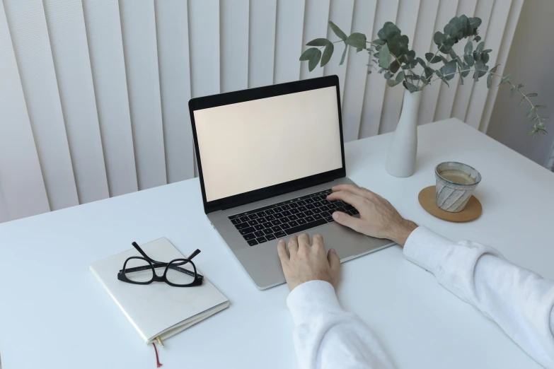 a person sitting at a desk using a laptop computer, trending on pexels, wearing black rimmed glasses, extremely pale, flat minimalistic, rectangle