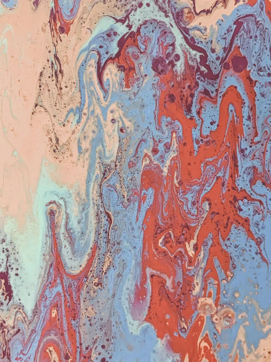 a close up of a painting on a wall, an ultrafine detailed painting, inspired by Shōzō Shimamoto, trending on unsplash, muted blue and red tones, made of liquid metal and marble, orange and blue color scheme, pastelwave