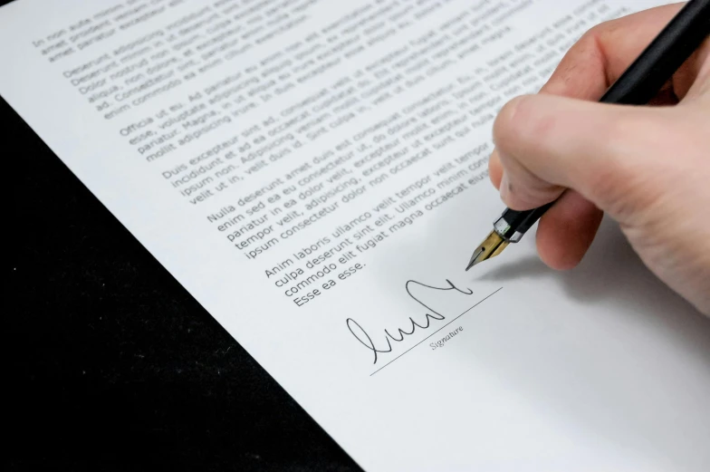 a person signing a document with a fountain pen, by Carey Morris, pexels contest winner, letterism, full page, thumbnail, sales, ultrarealistic