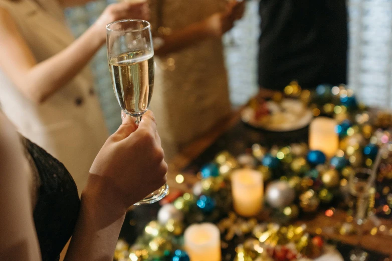 a close up of a person holding a glass of wine, decorations, bubbly, revellers, rectangle