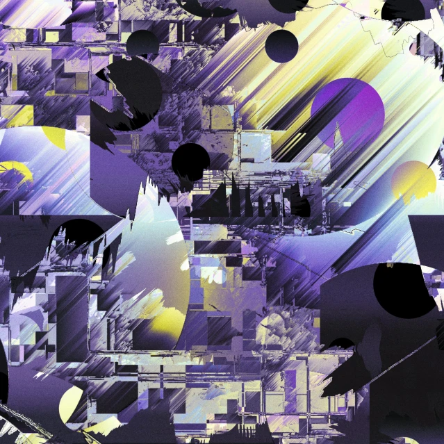 a group of people standing next to each other, an album cover, inspired by Gao Cen, panfuturism, black white purple, fractal buildings, yellow purple, refracted moon sparkles