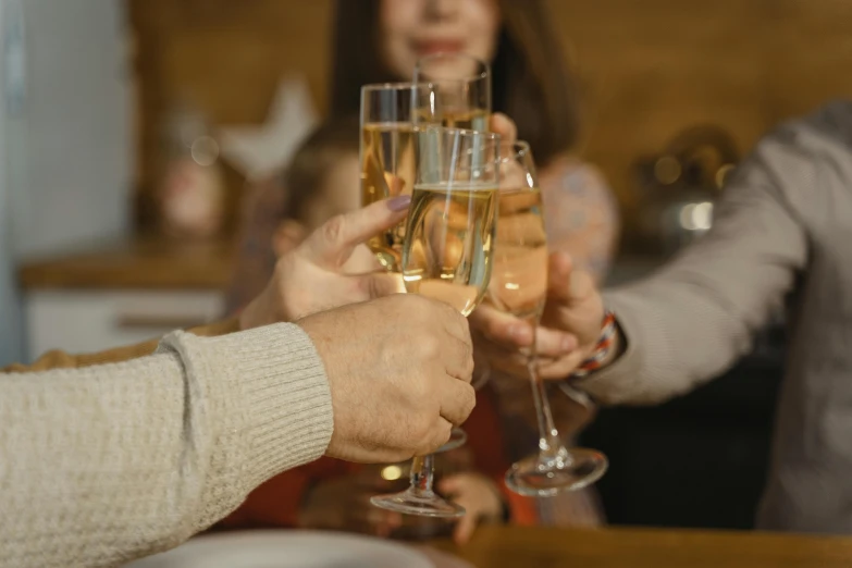 a group of people holding glasses of champagne, pexels, family dinner, thumbnail, subtle detailing, four fingers maximum