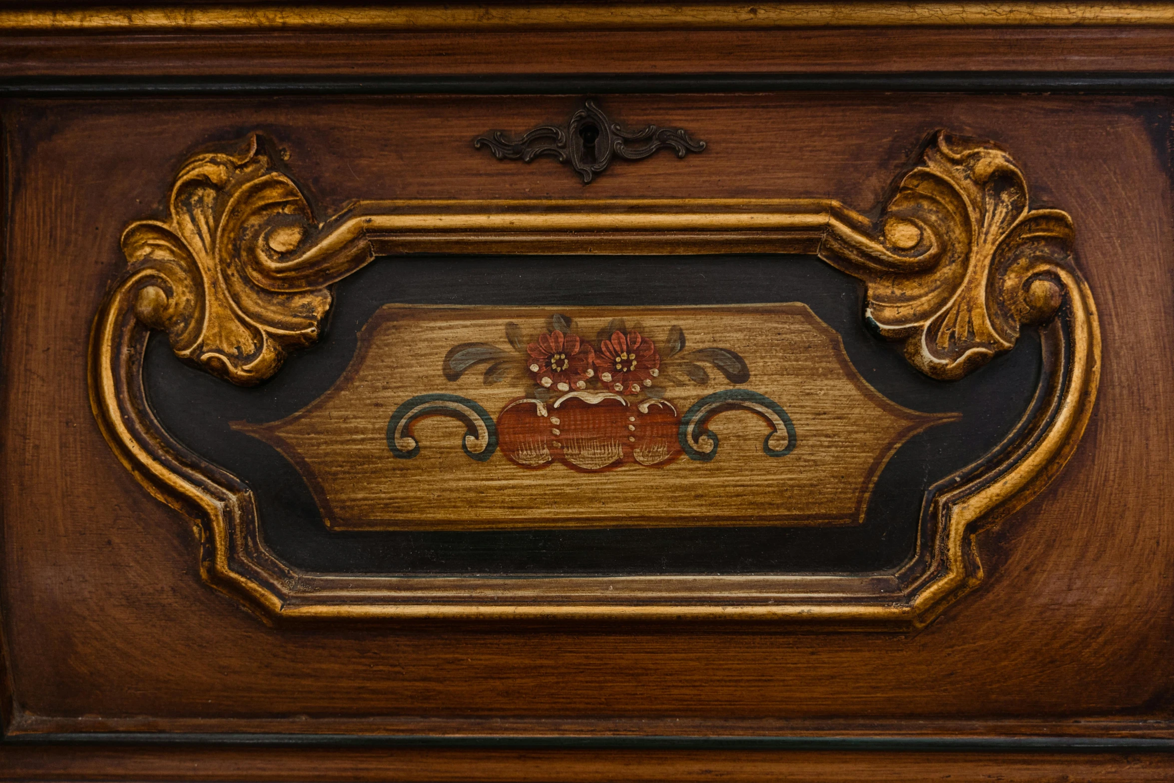 a close up of a wooden chest of drawers, inspired by Károly Markó the Elder, rococo, stylized border, brown, detail