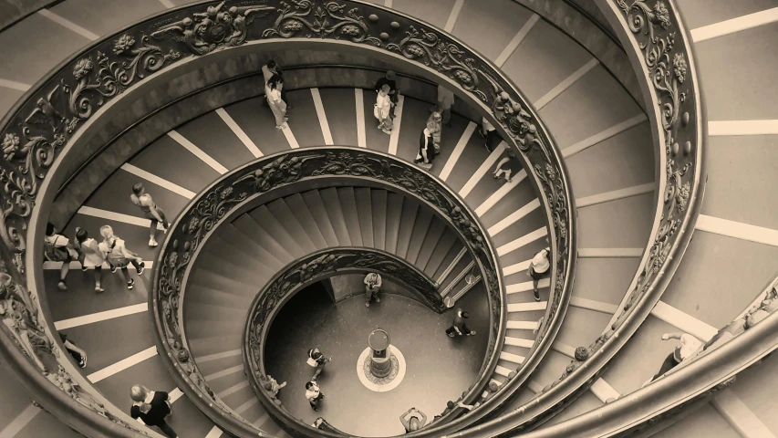 a black and white photo of a spiral staircase, unsplash contest winner, neoclassicism, people watching around, sepia, roman numerals, 8k resolution”