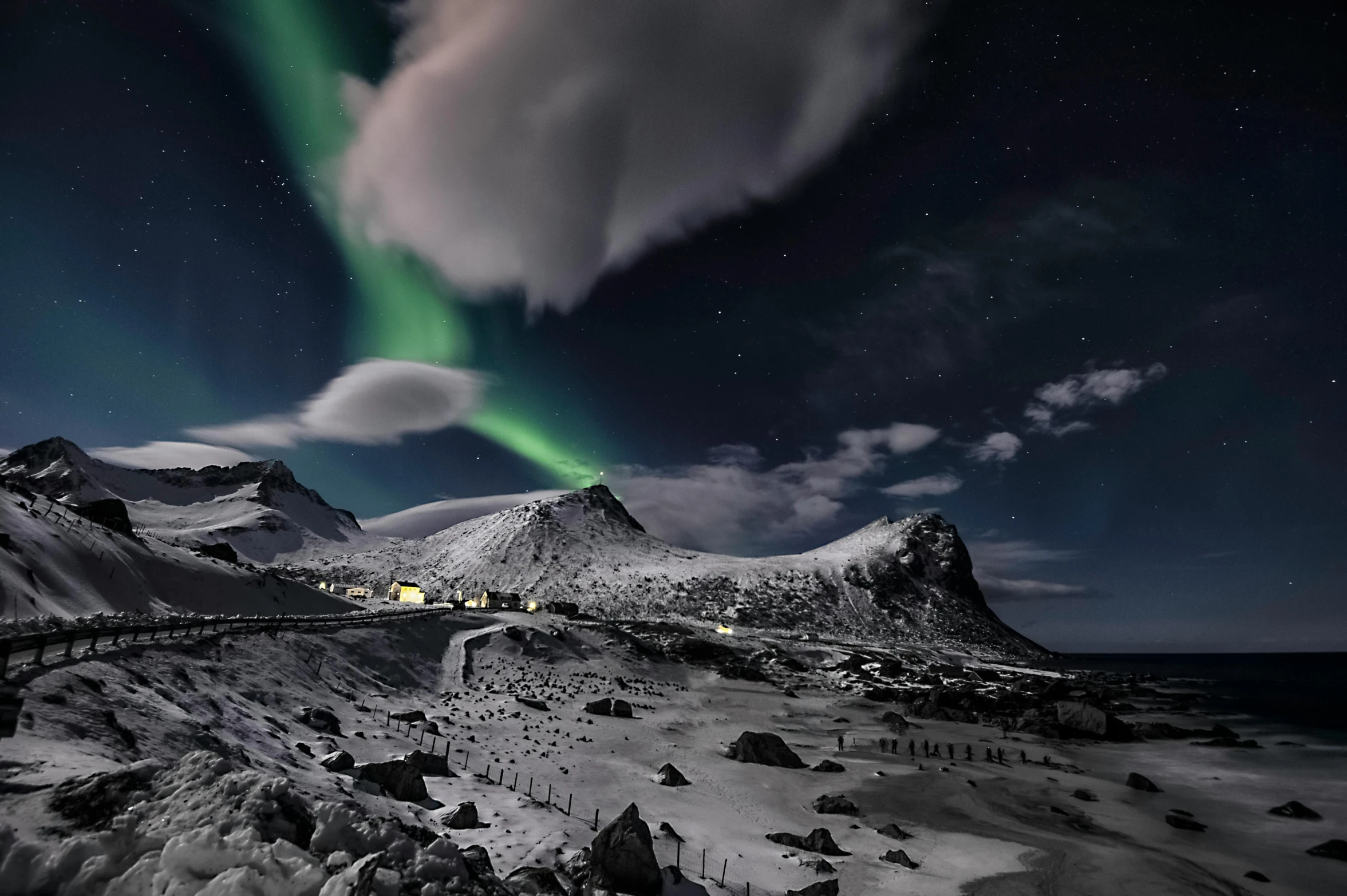 a long exposure photo of the northern lights, a matte painting, pexels contest winner, surrealism, snowy mountain, moonlight grey, national geograpic, black