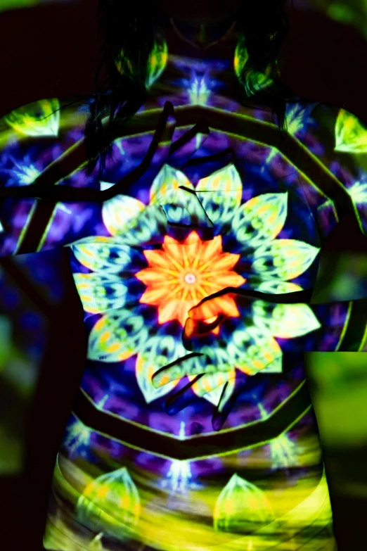 a close up of a person with a body painted like a flower, a hologram, inspired by Alex Grey, seen through a kaleidoscope, luminescent fabrics, a tshirt. blender art, bioluminescent cyber - garden