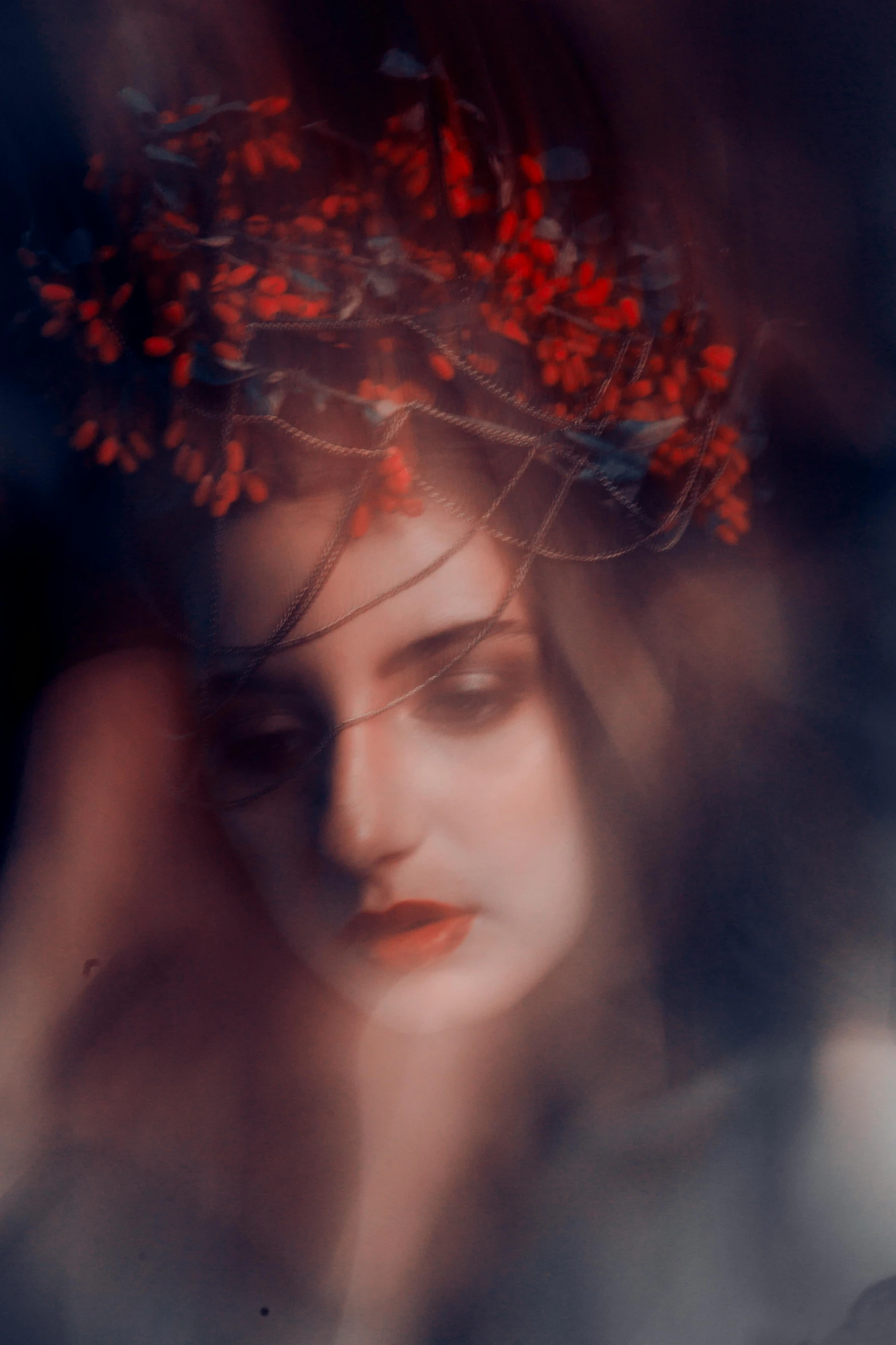 a woman with a flower crown on her head, inspired by Brooke Shaden, red - toned mist, faint red lips, ((portrait)), multiple exposure