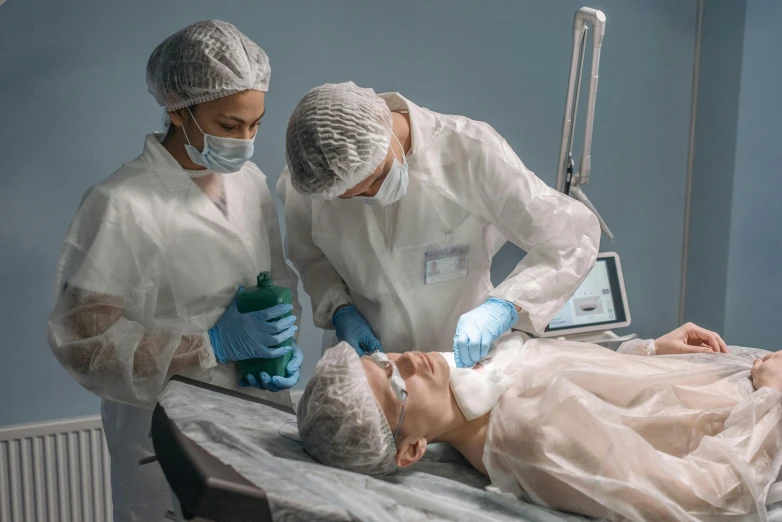 a couple of people that are in a room, shutterstock, hyperrealism, surgical supplies, using the degrade technique, gauze, skincare