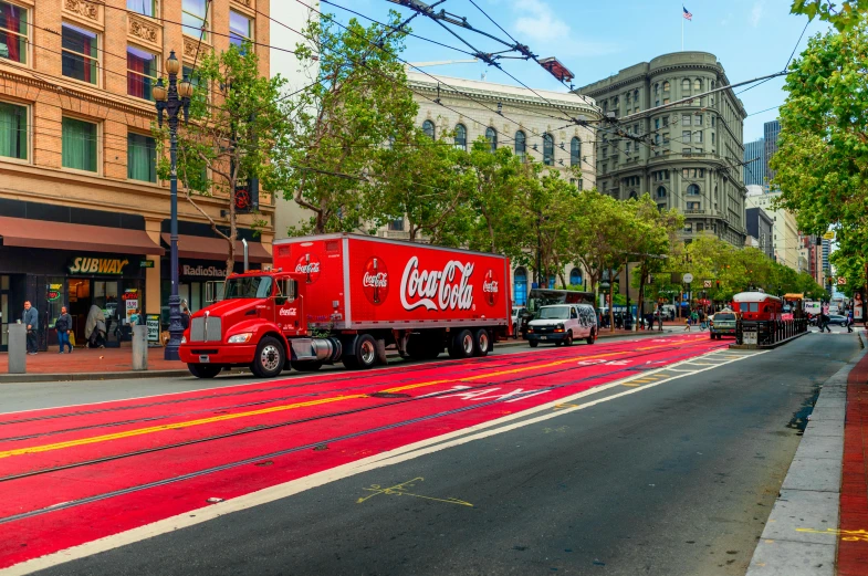 a coca cola truck driving down a city street, a colorized photo, pexels contest winner, hyperrealism, red carpeted floor, bay area, 🚿🗝📝