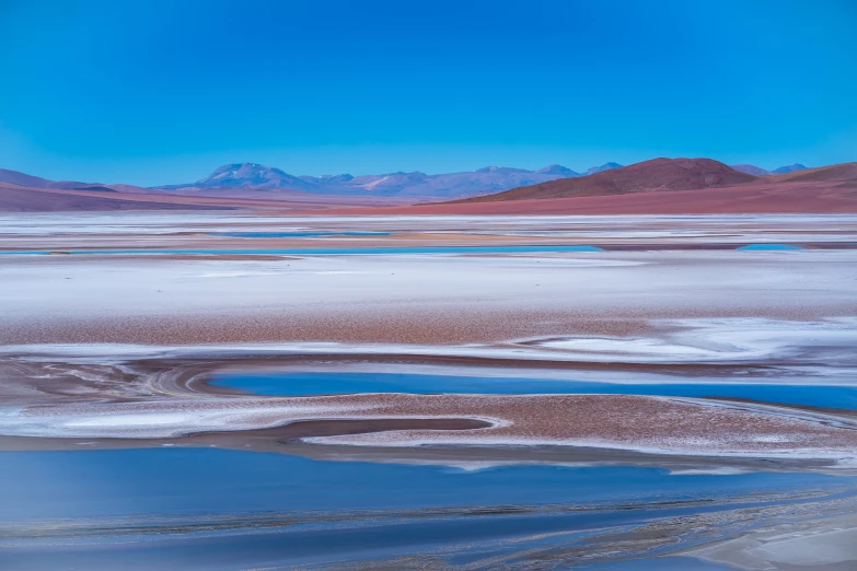 a large body of water sitting in the middle of a desert, by Elsa Bleda, pexels contest winner, land art, cold blue colors, ivan bolivian, thumbnail, chocolate river