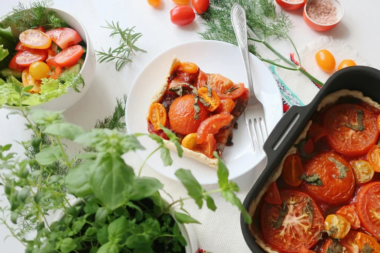 a close up of a plate of food on a table, tomatoes, pan and plates, midsummer, greens)