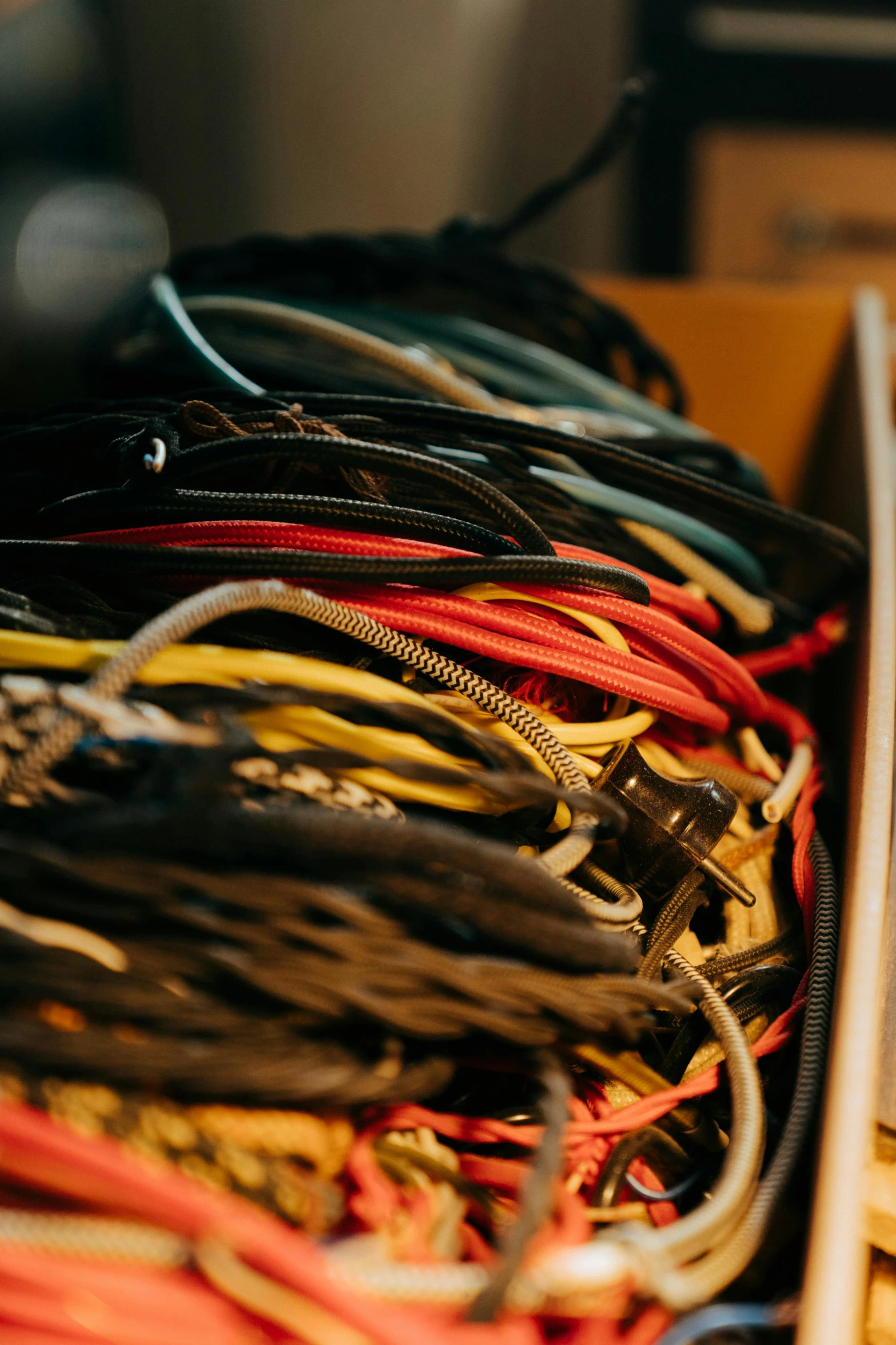 a box filled with lots of different colored cords, trending on pexels, assemblage, dark warm light, in a workshop, straps, wired