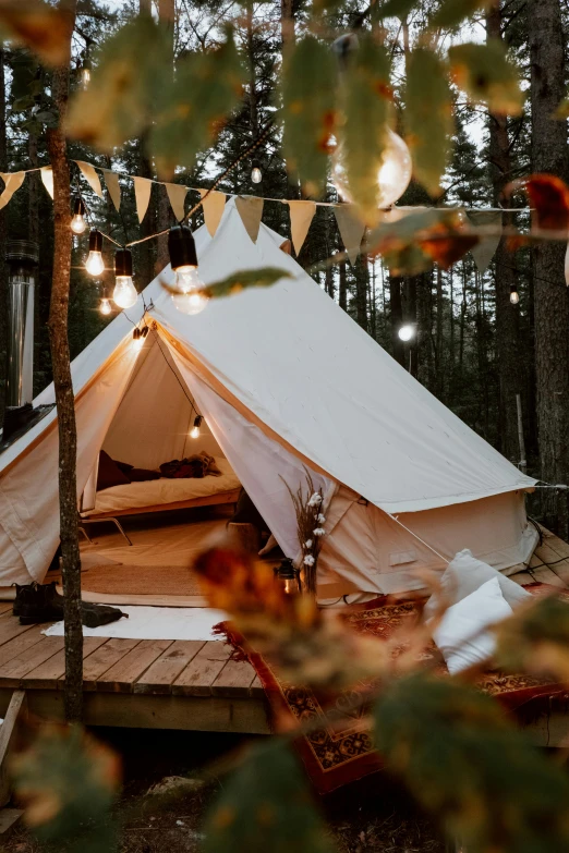 a tent sitting in the middle of a forest, floor lamps, espoo, luxurious environment, fully decorated
