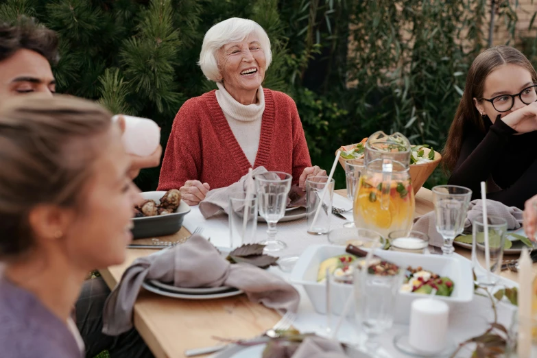 a group of people sitting around a dinner table, older woman, nature outside, fully functional, easy to use