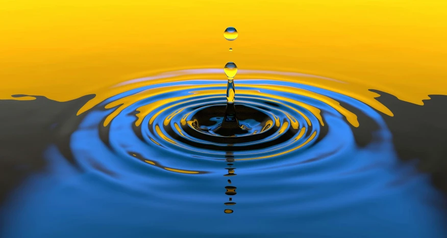 a drop of water falling into a body of water, a digital rendering, flickr, op art, yellow and blue color scheme, honey ripples, treading above calm water, very crisp details