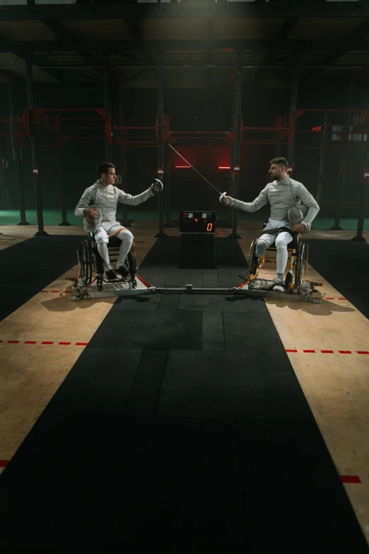 two men in wheelchairs playing a game of fencing, houdini vfx, square, penguinz0, high quality photo
