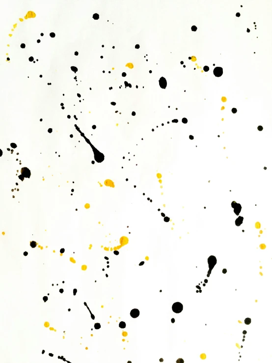 black and yellow paint splattered on a white surface, inspired by Pollock, unsplash, ink on parchment, dot, white, coloured