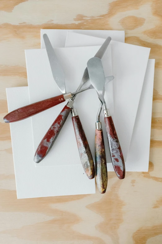 a couple of knives sitting on top of a piece of paper, a still life, inspired by Fred Williams, instagram, gutai group, marbled, silver red, hand carved brown resin, four