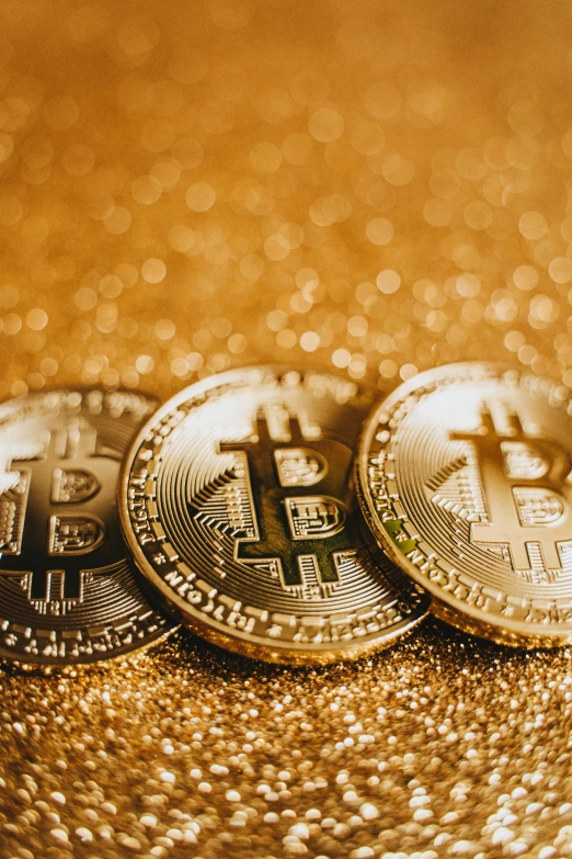 three bitcoins sitting on top of each other, by Dan Content, renaissance, glittering, thumbnail, multi-part