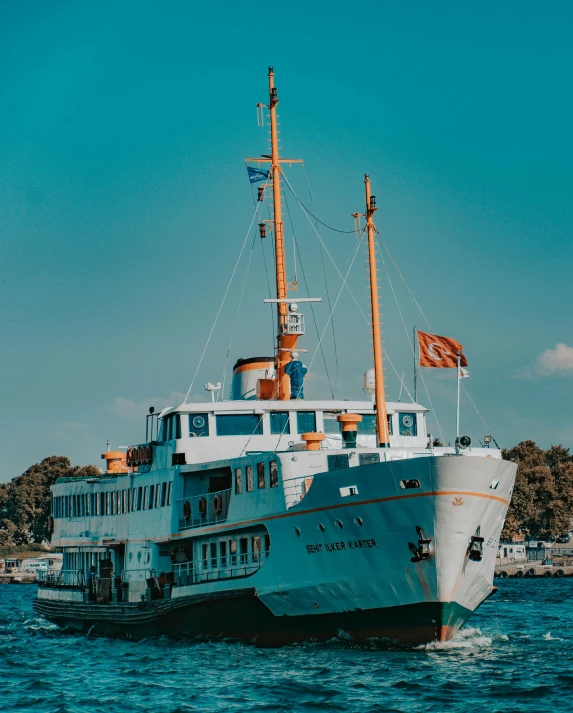 a large boat floating on top of a body of water, in style of heikala, stockholm, vintage vibe, 🚿🗝📝