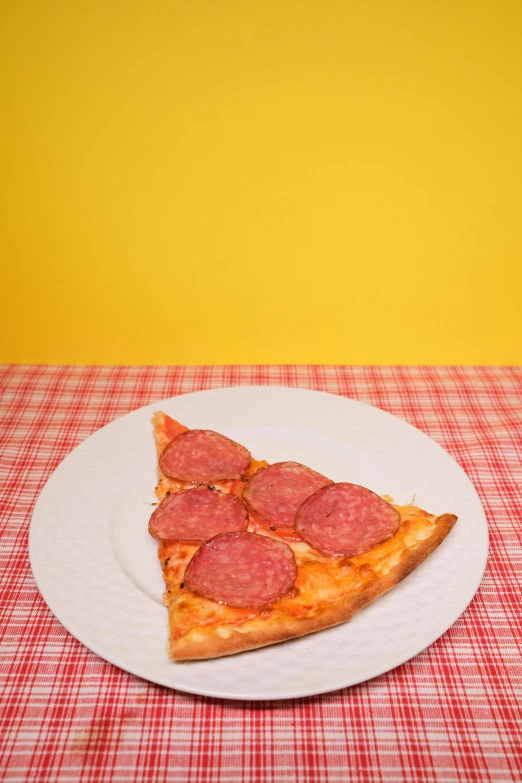 a white plate topped with slices of pizza, a photo, by Sven Erixson, photorealism, high resolution print :1 red, on a yellow canva, lunchmeat, a gigantic