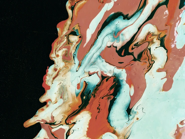a close up of a painting on a black background, an album cover, trending on pexels, generative art, melting in coral pattern, porcelain skin ”, red and cyan ink, ivory and black marble