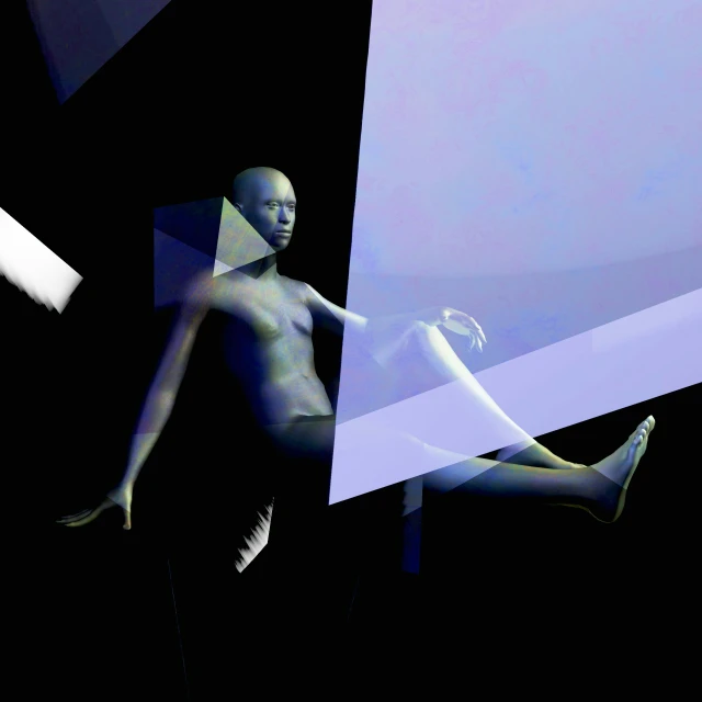 a couple of mannequins standing next to each other, a raytraced image, inspired by Anna Füssli, conceptual art, a woman floats in midair, prisms, in a black room, slide show