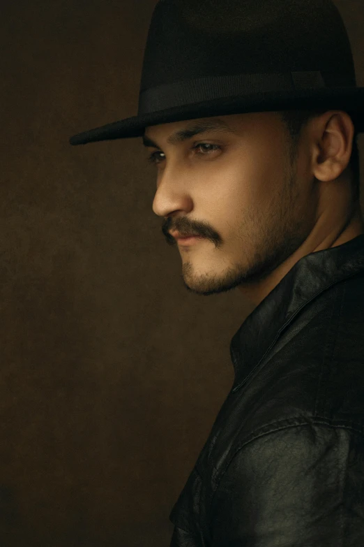 a man in a black hat and leather jacket, an album cover, inspired by Byron Galvez, trending on pexels, wear an elegant mustach, pr shoot, profile pic, raden saleh