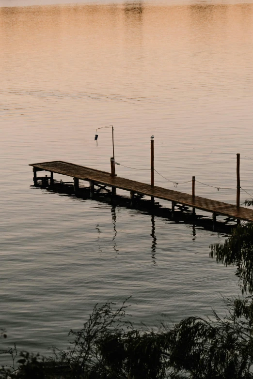 a dock in the middle of a body of water, completely empty, in the evening, body of water, in the morning light