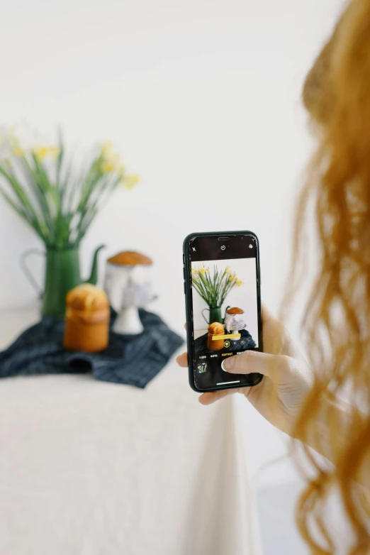 a woman taking a picture of a potted plant, a picture, trending on pexels, on a white table, detailed product image, back camera, full colour