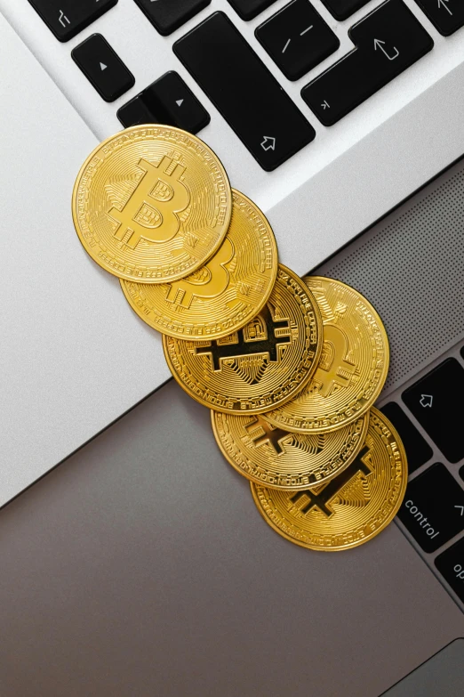 a pile of bitcoins sitting on top of a laptop keyboard, by Adam Rex, pexels, renaissance, circle, thumbnail, 8, panel