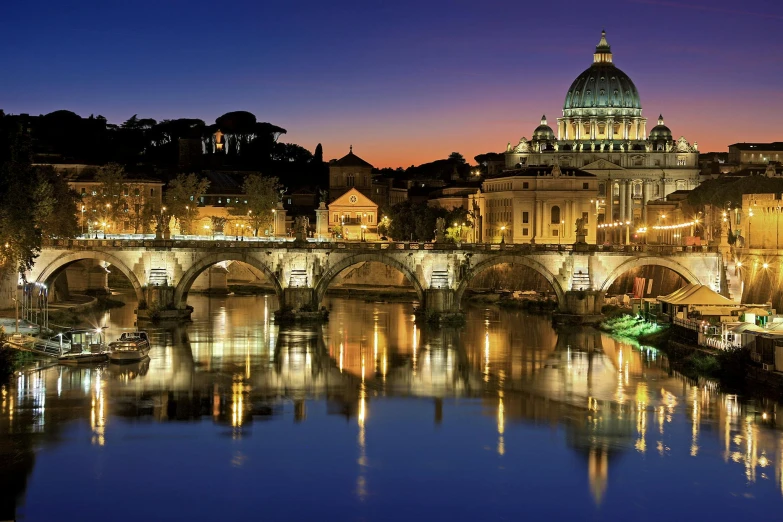 a bridge over a river with a dome in the background, by Cagnaccio di San Pietro, pexels contest winner, renaissance, vibrant lights, 256x256, slide show, panorama