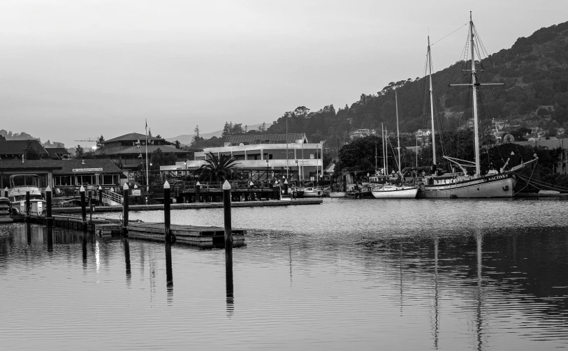 a black and white photo of a harbor with boats, a black and white photo, pexels contest winner, new zealand, peaceful evening harbor, vallejo, complex and detailed